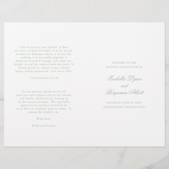 Programa de Boda Formal Verde Salvia Tradicional (Anverso)