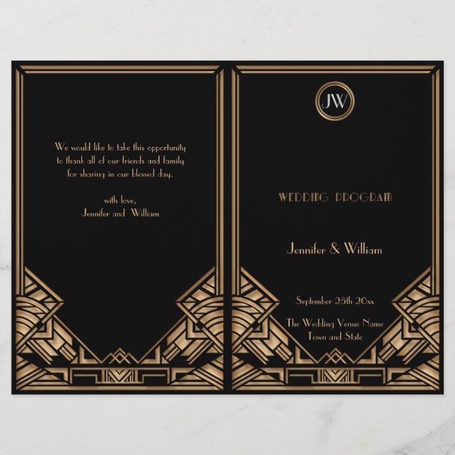 Programa de Boda Gatsby Style de Black Gold Art De (Anverso)