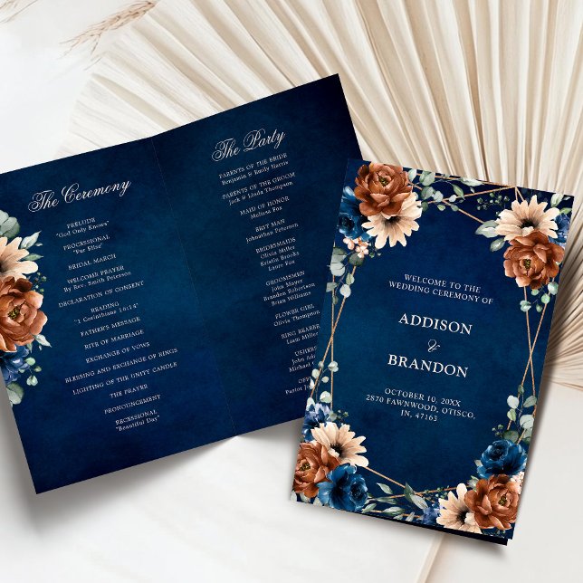 Programa de Boda Geométrica Azul de la Marina de T (Terracotta Navy Blue floral Geometric Wedding folded Program card)