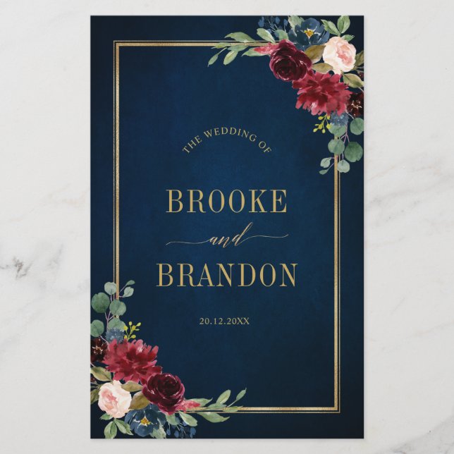 Programa de Boda Geométrica de Oro Azul de Borgoña (Anverso)