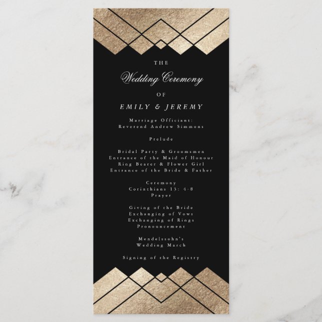 Programa de Boda Geométrica de Oro Negro Gatsby (Anverso)