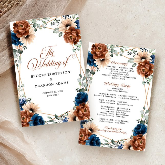 Programa de Boda Geométrico de Terracota Azul Mari (Terracotta Navy Blue Geometric Wedding Program)
