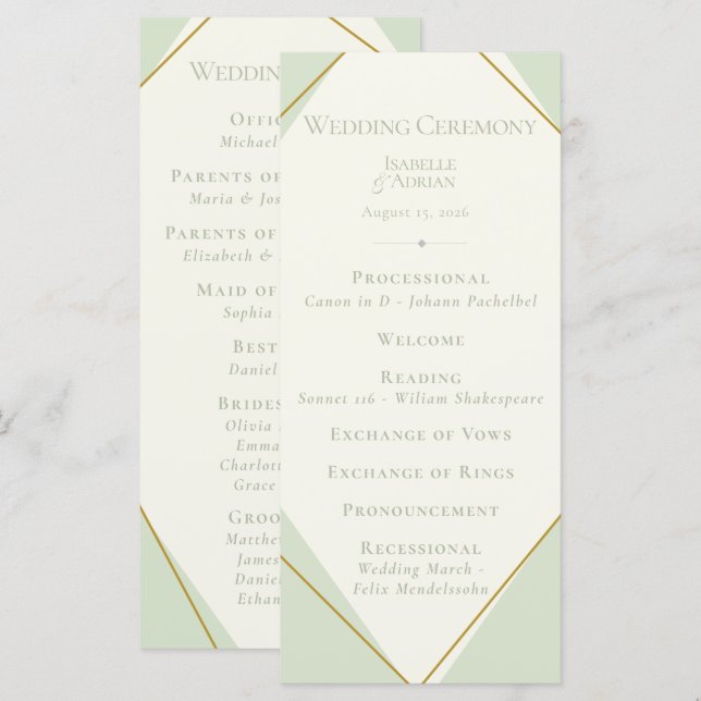 Programa de Boda Geométrico Verde Salvia Elegante (Anverso / Reverso)