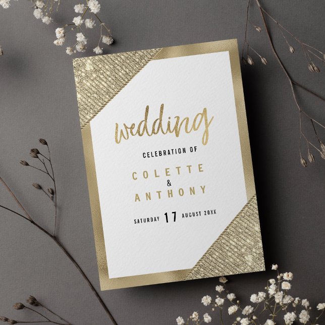 Programa de boda glam con brillo de oro blanco geo (Geometric white gold glitter glam Wedding Program)