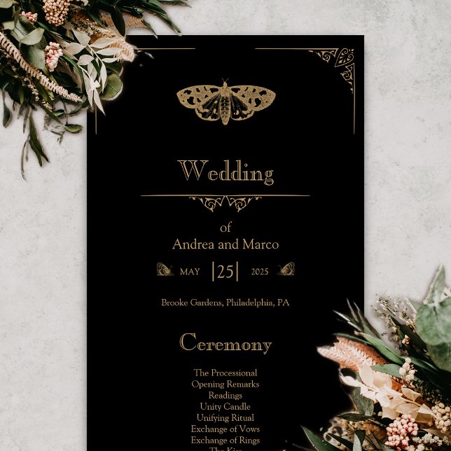 Programa de Boda Gótica Elegante de Moth Victorian (Gothic Moth Tattoo Wedding Program)