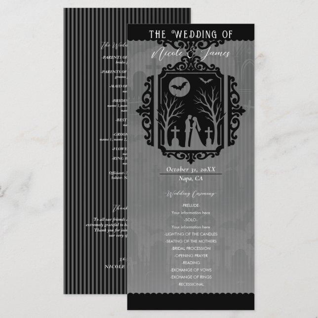 Programa de Boda Gótica en Negro y Gris con Jurame (Anverso / Reverso)