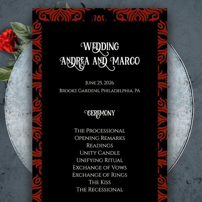 Programa de Boda Gótica Negra y Floral Roja (Black and Red Floral Gothic Dark Wedding Program)