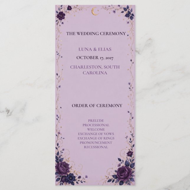 Programa de Boda Gótico Celestial Lila Editable (Anverso)