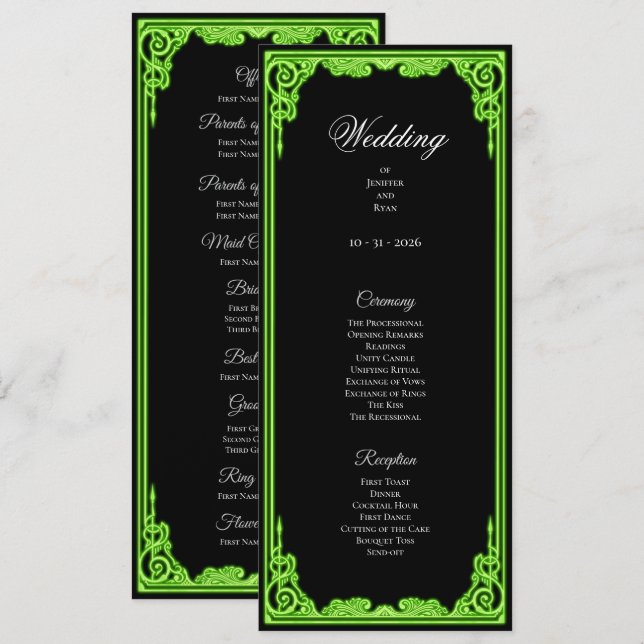 Programa de Boda Gótico con Brillo Verde Mágico (Anverso / Reverso)