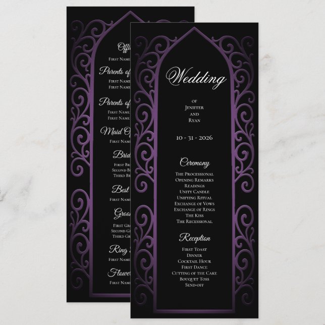 Programa de Boda Gótico Negro y Púrpura Ornamentad (Anverso / Reverso)