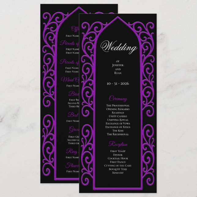 Programa de Boda Gótico Negro y Púrpura Ornamentad (Anverso / Reverso)