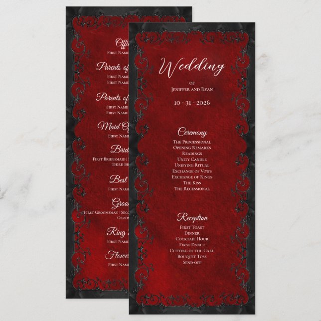 Programa de boda gótico rojo elegante (Anverso / Reverso)