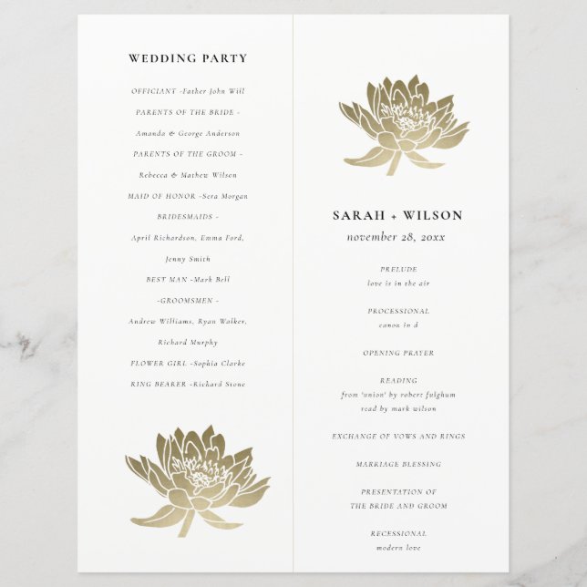 Programa de Boda Grande plegable Gold Lotus Floral (Anverso)
