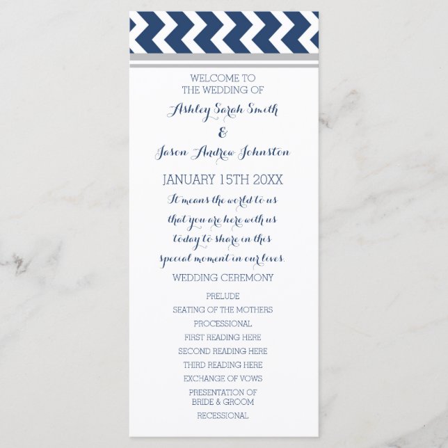 Programa de Boda Gris Blue Chevron (Anverso)