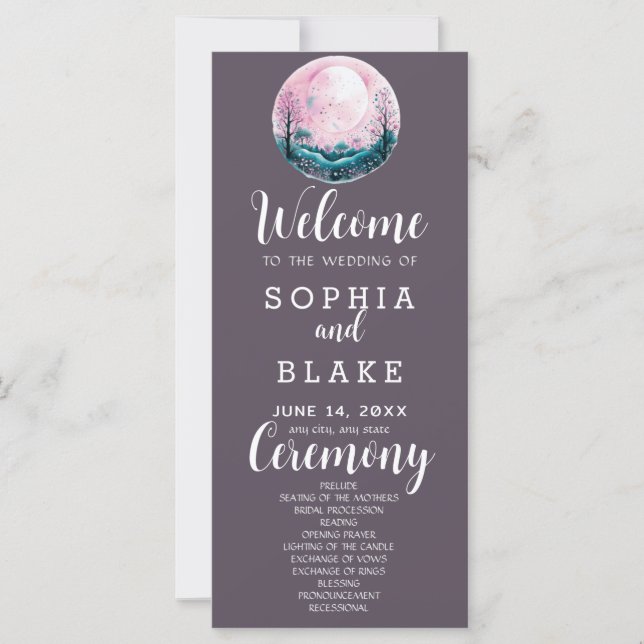 Programa de Boda Gris Boho Rosa y Blanco Luna Llen (Anverso)