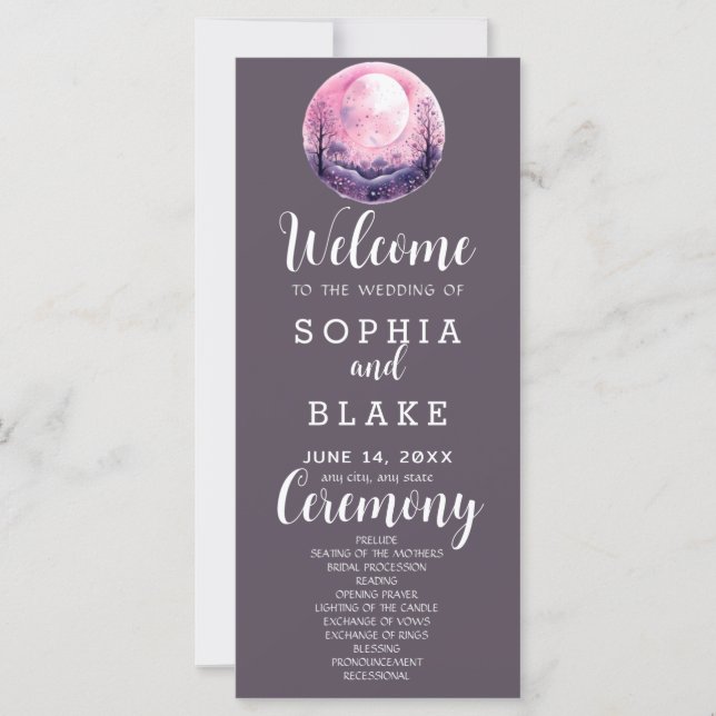 Programa de Boda Gris Boho Rosa y Blanco Luna Llen (Anverso)