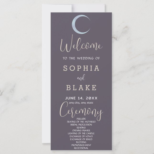 Programa de Boda Gris Fumado Luna Creciente Azul (Anverso)