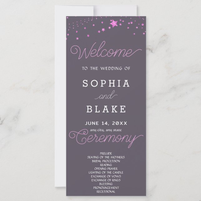 Programa de Boda Gris Fumée con Estrellas Rosadas  (Anverso)