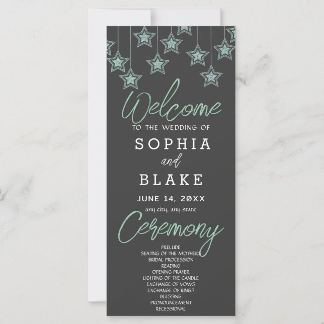 Programa de Boda Gris Sombra con Estrellas Verdes  (Anverso)