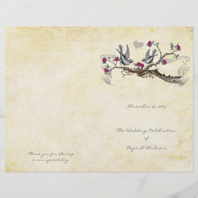 Programa de Boda Gris y de Aves Vintage (Anverso)