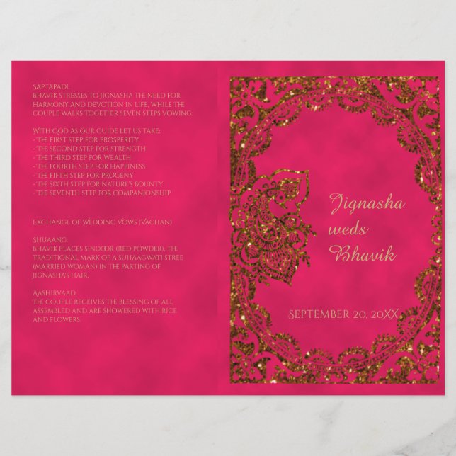Programa de Boda Hindú de Pink and Gold Peacock (Anverso)