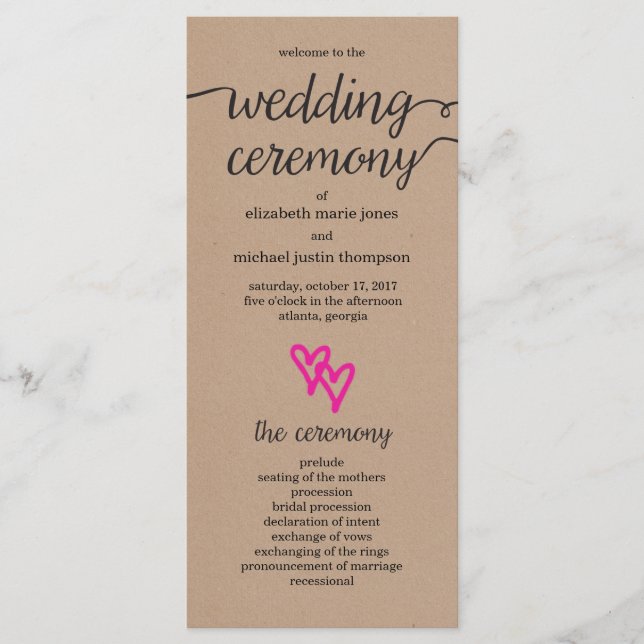 Programa de Boda Kraft para corazones rosados (Anverso)