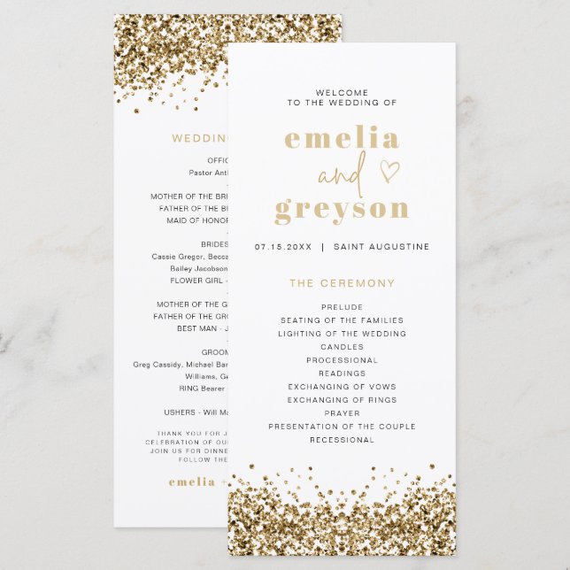 Programa de Boda Largo con Lentejuelas de Oro Amar (Anverso / Reverso)