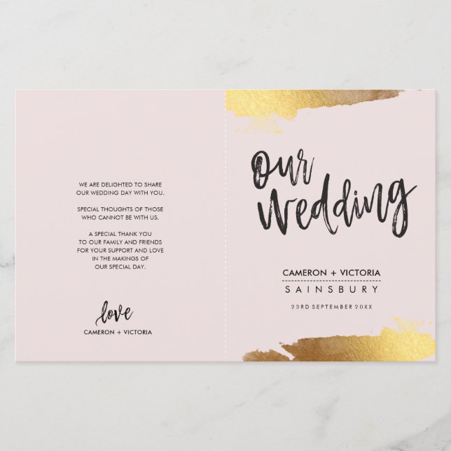 PROGRAMA DE BODA letras cepilladas doradas rosadas (Anverso)