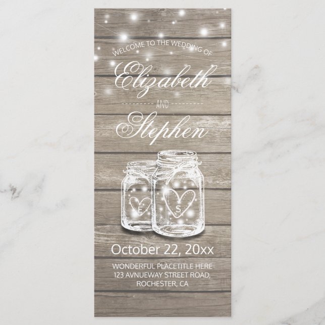 Programa de Boda Ligera Rustic Wood Mason Jar (Anverso)