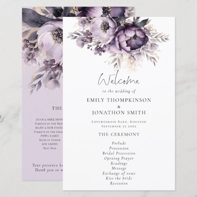 Programa de Boda Lilac Purple Florals (Anverso / Reverso)