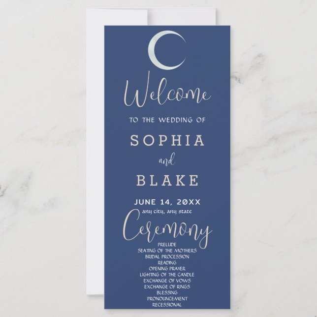 Programa de Boda Luna Creciente Plateada Azul Oscu (Anverso)