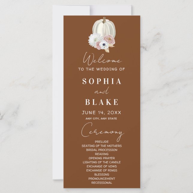 Programa de Boda Marrón de Calabaza Floral Blanca (Anverso)