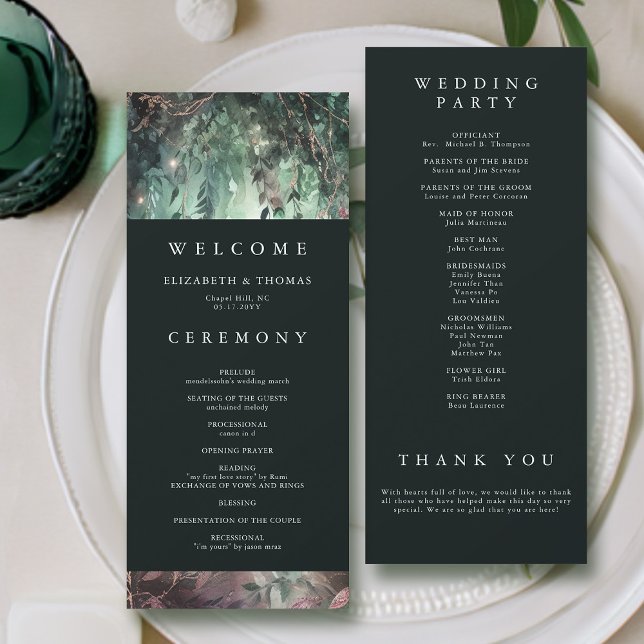 Programa de Boda Mauve de Oro de Vines Forestales  (enchanted forest wedding program modern elegant romantic watercolor gold vines emerald mauve)