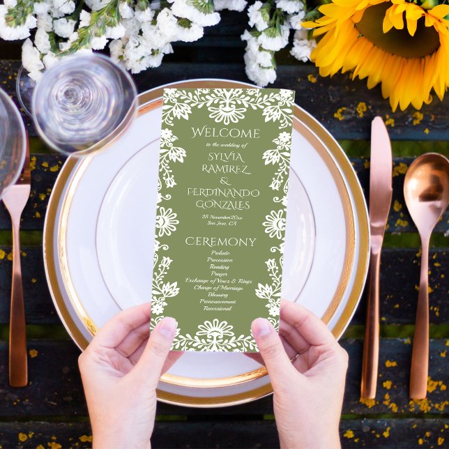 programa de boda mexicano de Talavera verde salvia (Talavera folk art sage green Mexican wedding program)