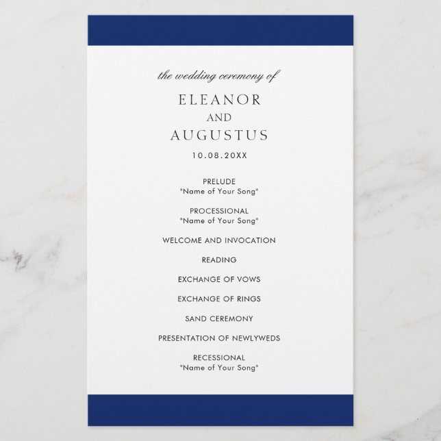 Programa de Boda Mínima de la Marina Azul Elegante (Frente)