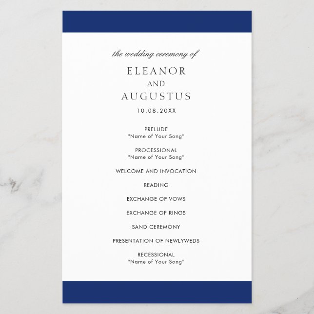 Programa de Boda Mínima de la Marina Azul Elegante (Frente)