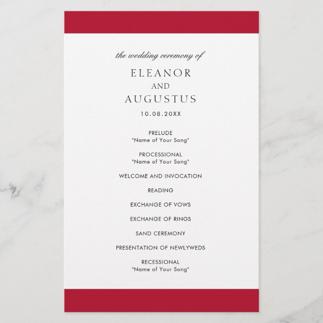 Programa de Boda Minimal Clásico Rojo Elegante y E (Frente)