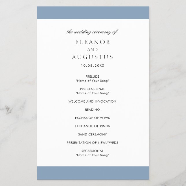Programa de boda minimal polvoriento azul elegante (Frente)