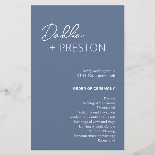 Programa de Boda Minimalista Azul Polvoriento Mode (Anverso)