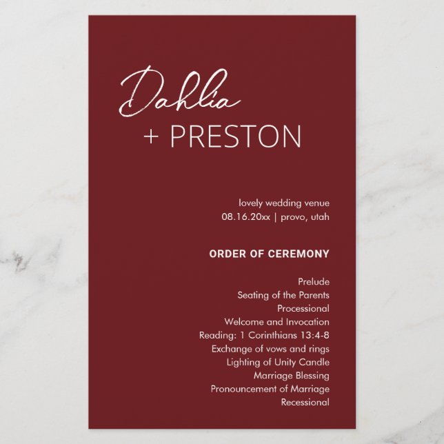 Programa de Boda Minimalista Burgundy Moderno (Anverso)