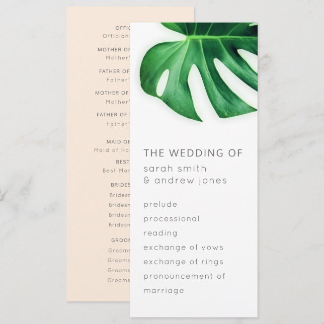 Programa de Boda Minimalista de Hojas de Palma Tro (Anverso / Reverso)