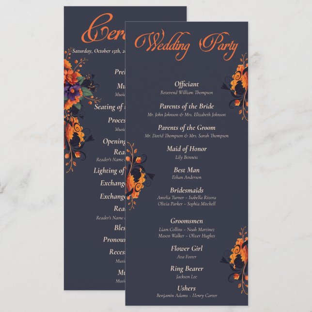 Programa de boda minimalista Elegante Gótico Flora (Anverso / Reverso)