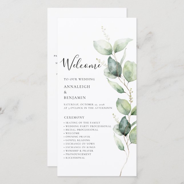 Programa de Boda Minimalista Eucalyptus Greenery (Anverso / Reverso)