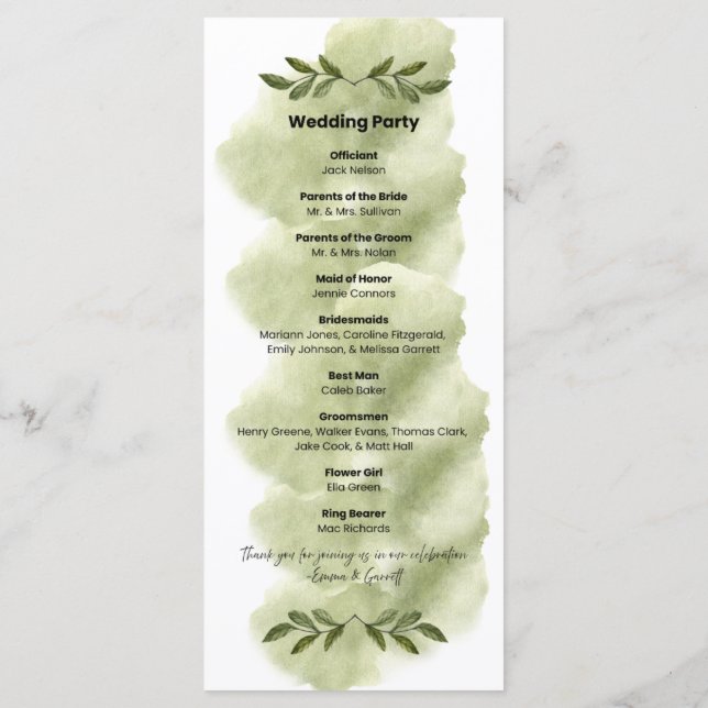 Programa de Boda Minimalista Hoja Verde Moderna (Reverso)