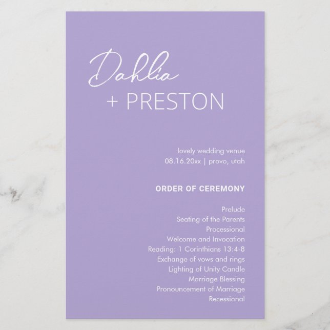 Programa de Boda Minimalista Lila Moderno (Anverso)