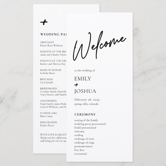 Programa de Boda Minimalista Moderno Blanco y Negr (Anverso / Reverso)