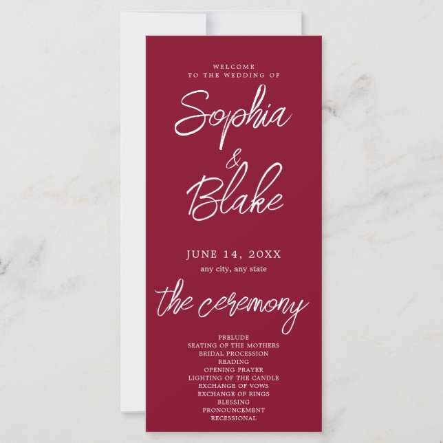 Programa de Boda Minimalista Moderno Burgundy (Anverso)