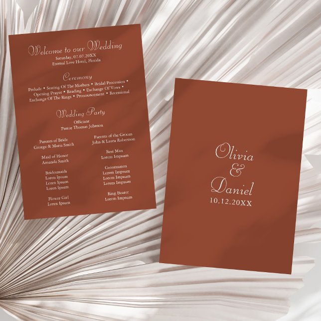 Programa de Boda Minimalista Moderno de Terracota (Modern Minimalist Terracotta Wedding Program on a sunny white dry palm leaf.)