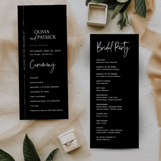 Programa de Boda Minimalista Moderno Elegante Negr (Black elegant modern minimalist wedding program guides your ceremony with sleek, timeless style.)