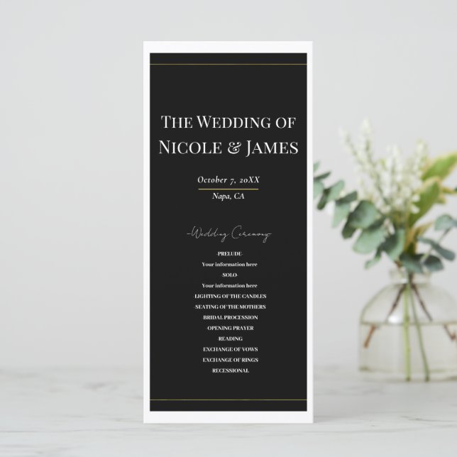 Programa de Boda Minimalista Moderno Negro Blanco  (Anverso de pie)